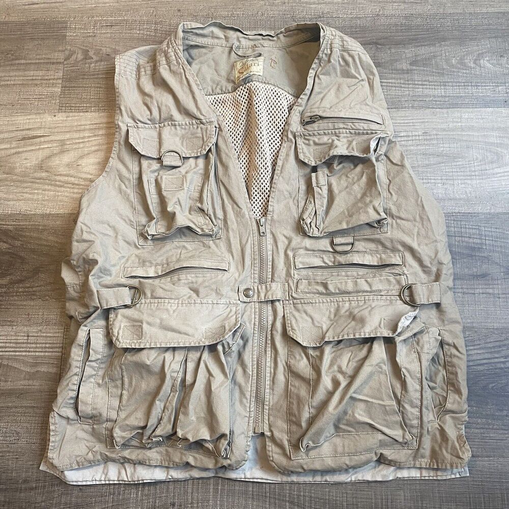 Vintage Cabelas Vest Large Safari Series Beige Tan Hunting Fishing Utility